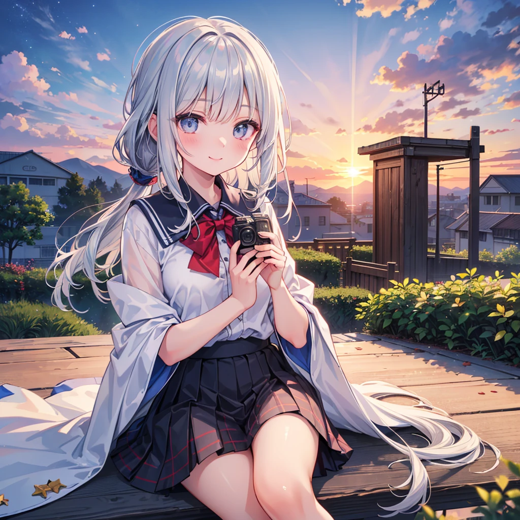 best qualtiy， tmasterpiece， 超高分辨率， realisticlying， 1 girl， long  white hair，Heterochromic pupils，Long legs，Rise cute sweatshirt，Slightly drunk，Stick out your tongue，Purple stockings on the bottom，trpical garden，wide angles