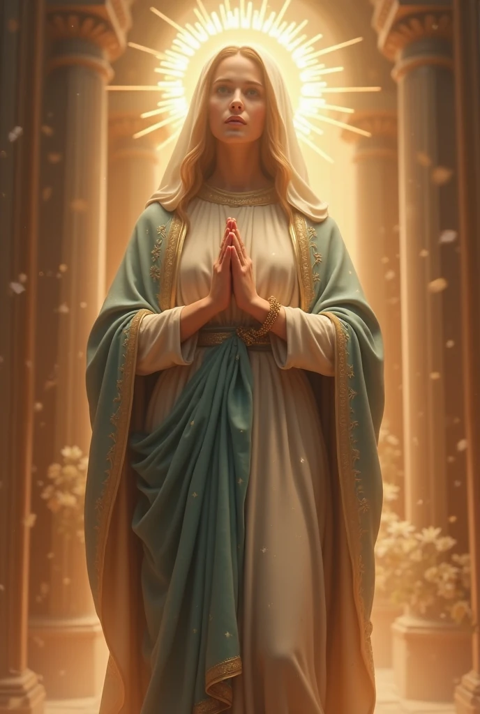 Beautiful Virgin Mary, whole body, A reddish-beige tunic with a pale blue cloak and veil, Inside the church, night, Stained glass in the background