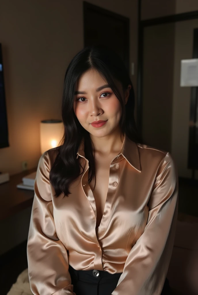 Asian Mother Smile kissing Asian Sister with Satin pajamas, long hair with bangs. living room.