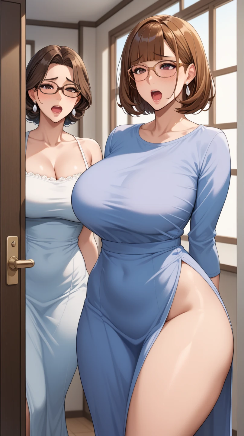 multiple thick body middle-aged women milf wearing shirt dress show backside to camera show patterned panties, old Japanese house doorway, nsfw,