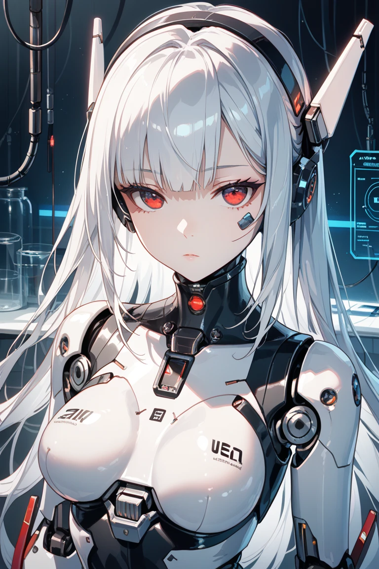 (((Masterpiece)))), (((highest quality)))), ((Ultra Definition)), (Very Detailed Photoreality), (((Very Delicate and Beautiful)), (Delicate and Pretty Face), Cinematic Light, (((1 Machine Girl)), Solo, Full Body, Big, Cleavage Is Visible Skin, White Hair, Purple Eyes, Luminous Eyes, (Mechanical Joint: 1.4), (Mechanical limbs)), (Blood vessels connected to tubes), (( Mechanical vertebrae attached to the back)), ((Cervical vertebrae of the machine) attached to the neck)), (((sitting)), expressionless, (wires and cables attached to the head and body: 1.5), (character focus), small LED lamps on the body, Evangelion, SF, metallic body, detailed neon