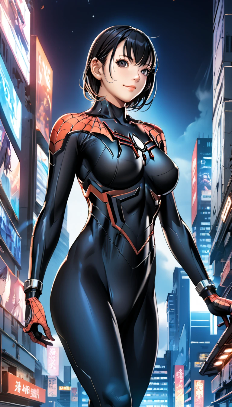 (obra maestra),(mejor calidad:1.0), (Ultra high resolution:1.0), detailed illustration, 8K, chica blanca (with brown hair) (pelo muy rizado) (pelo gratis) vistiendo un traje negro con azul de spiderman, A light blue spider symbol on the chest of his suit., chaqueta de cuero negro, gafas negras, She is on the roof of a building looking at the city at night. (cuerpo completo) (vista completa del fondo)