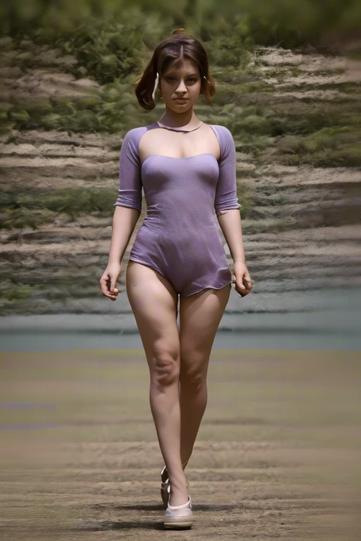 girl, blue eyes, defined and boluctuous body, durano skin, medium short hair, one-piece and revealing dress, sad and exhausted expression, walking down the street, pose sexy