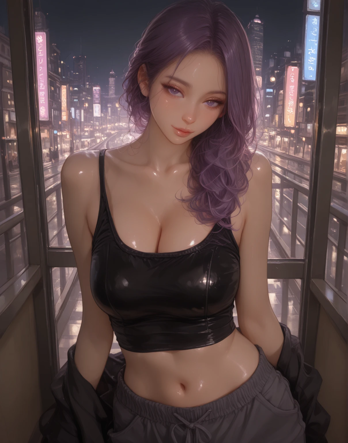 SeaArt Bot Upscaling Default 09:06:59 8k、RAW Photography、top-quality、​masterpiece:1.2)、(realisitic、photoRealstic:1.37)、1girl in、Nepali、25-years old、femele、(deep in the night)、sunlights、a room、Daytime cityscape seen from the window、Studio Lighting、face lights、photon maping、Radio City、Purple hair、A detailed face、detailed lips、A detailed eye、More skin、二重まぶた、(Huge round:1.3)、((Exposure))、(Bra and joggers、Nepal)、(bra)、(Wearing a bra and joggers)、((no brassiere)))、Exposed cleavage、exposed shoulder、Thigh exposure、(camel's toe)、perfectbody、shinny skin、(Body wet with sweat:1.2)、smirking face、((sitting on))、Make eye contact with the camera、Lens blur for background camera、depth of fields、35 m、ultra-detailliert、ultra-quality、flawless、Anime tattoo on right hand、((Vintage style photography