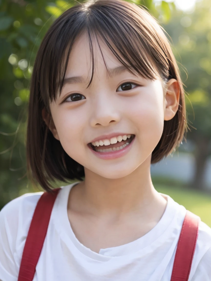 Highest quality、Realistic、、zoom、Primary school students、Girl、look up、cute、Light grey eyes、Black Hair、Short Hair、boyish、Tanned brown skin、Dark Skin、Light Blue T-Shirt、A big smile、Face close-up、thin