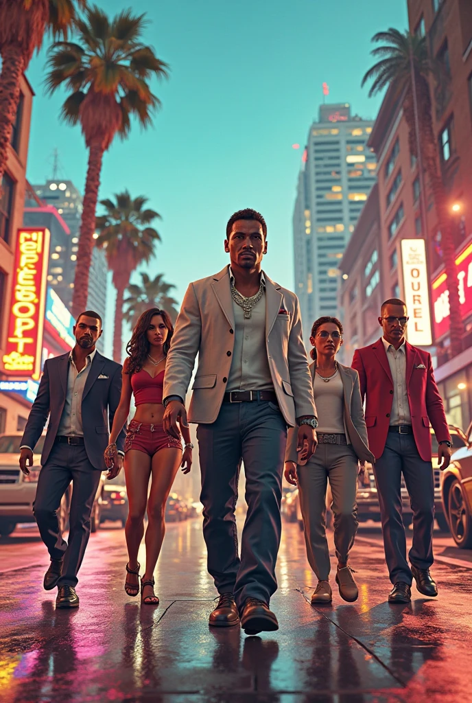 Group at the Las Vegas Strip: A group of wealthy individuals stroll down the Las Vegas Strip at night, the neon lights reflecting off their designer outfits. They’re surrounded by stacks of casino chips and dollar bills, with luxury cars parked in the background.