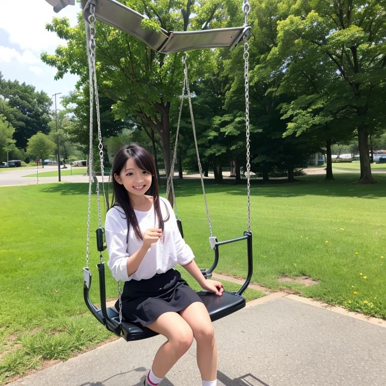on top,Looking down,from below,White light panties,View between the legs,sitting on a swing,View of the crotch of the inner thigh,bottom angles,Mocking expressions,Smiling,White light bandeau,Large angle upward view