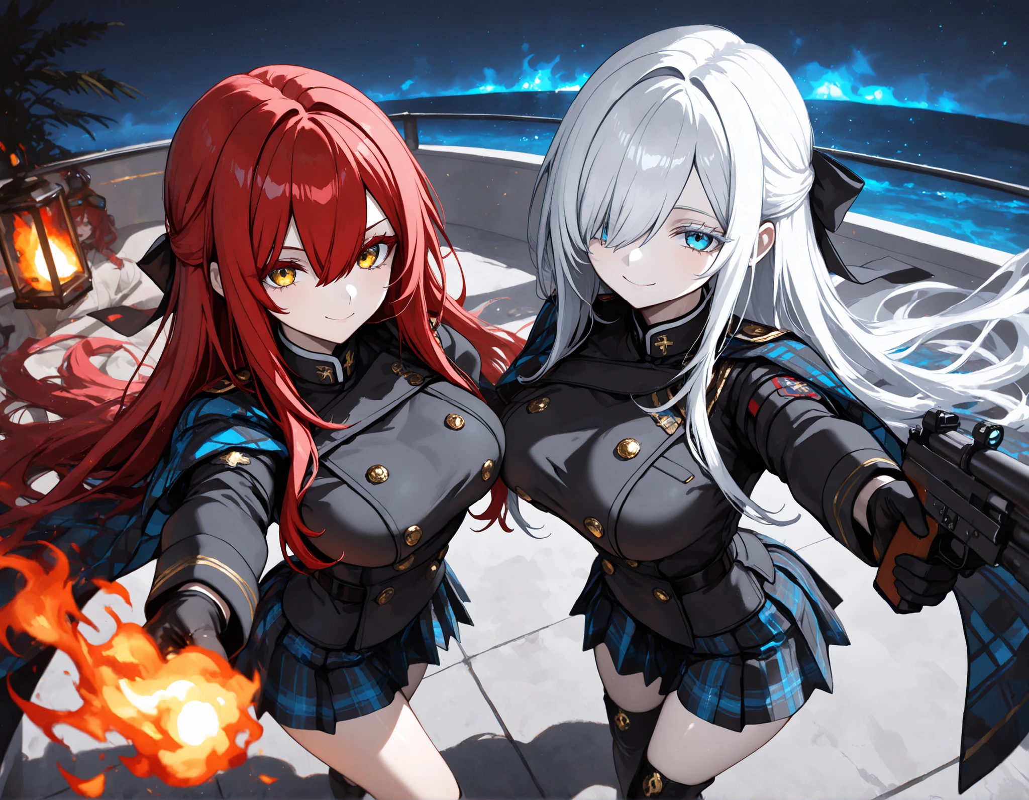 ((from above:2.5)),((from looking at view:2.5)),((4k,8k,Ultra HD))
Two girls with wearing Binocular Night Vision Device in posing while holding a Barrett M82 gun or a glowing fire coming in her hand with ample breasts under school uniform on the yacht in the ocean in seductive smile and sexy pose, gun, weapon, holding gun, holding weapon,Barrett M82,a glowing fire coming,holding a glowing fire coming,defending stance,outdoor,2girls,multiple girls, BREAK1 girl , golden eyes , very long hair , long sidelocks, red hair ,half updo, petite , very cute , beautiful ,Straight hair, cool, handsome, hair between eyes, sexy, medium breasts ,BREAK 1girl, Gojo Monika, white hair, very long hair, hair over right eye, blue eyes, colored eyelashes, white eyelashes, large breasts, pale skin BREAK grey vests,black short shirt,white plaid skirt,black black socks,black boots,black military gloves,black and blue mixed cross pattern cape,black and blue mixed cross pattern cloak,closing mouth, seductive smile,sexy pose,large breasts, school uniform,night sky,,Hitoimim