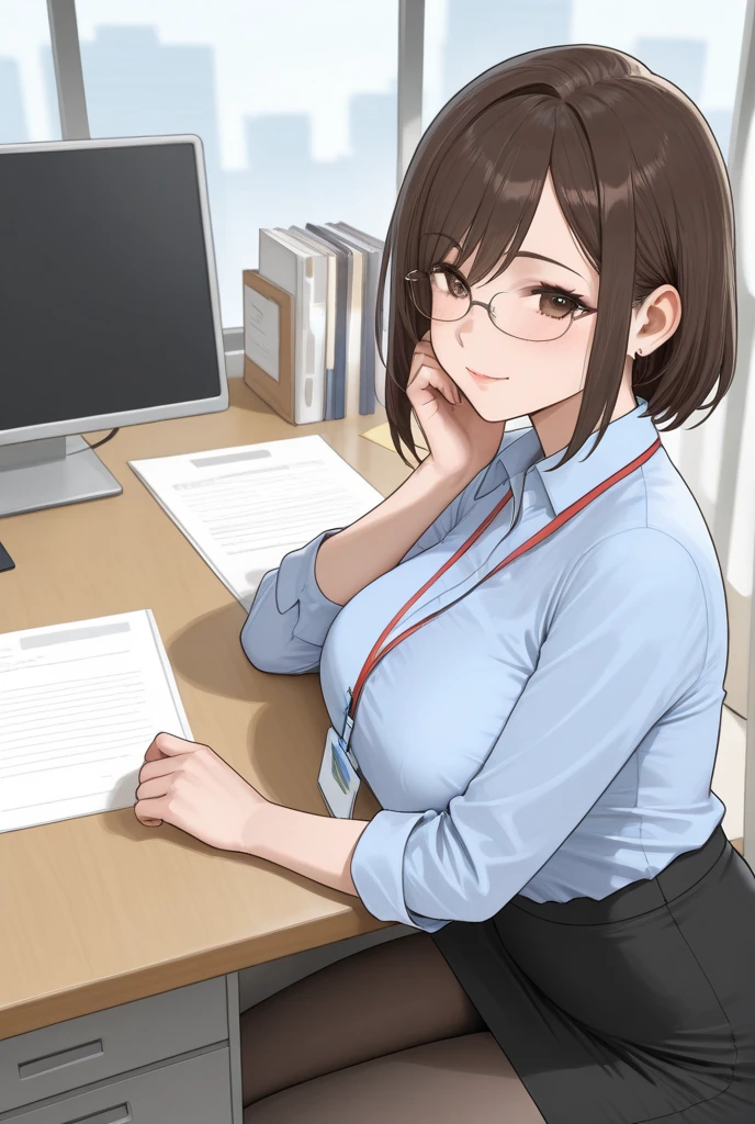 Company Office,There are a lot of papers, Computers and writing utensils around,Sharp woman with glasses,Officelady,Standing with a binder in hand, Lean forward so that you can see your cleavage,Brown hair,Orange Eyes,Black fishnet tights,White and red and purple and black,Reddish cheeks,A smile,heart mark,Smokexxx,Scooped up hair,Moles under the eyes