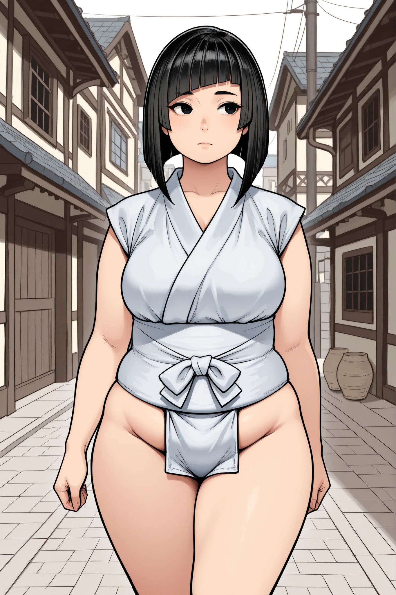 (Masterpiece), (detailed), (high res), (best quality), chubby sumo girl, black square haircut and long haircut, black eyes, white mawashi sumo outfit, sumo girl walking through medieval Japanese Tokugawa city street, chubby