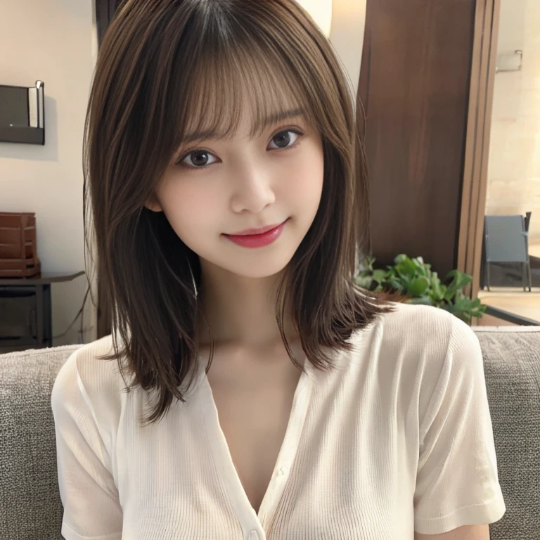 best quality, photorealistic, 8k, high res, full color, 1girl, woman, 20 years old woman, (closed mouth:1.43), (skindentation), trees, park bench, daylight, ((park background:1.52)), full color, ((white buttoned shirt:1.58)), looking at viewer:1.8, (1girl eyes looking at viewer:1.55), (medium hair, brownhair, partedbangs:1.85), (bokeh), <lora:AAG-rechan:0.69>