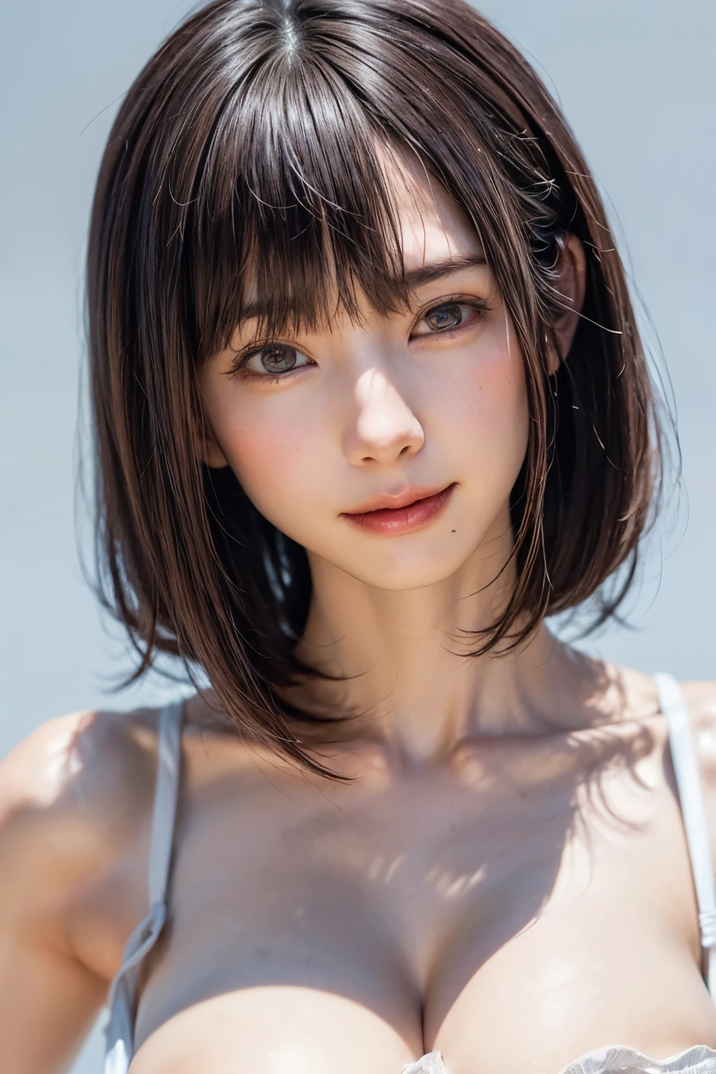 女の子1人、top-quality、realisitic、report、depth of fields、natural soft light、during daytime、魅惑的、beauitful face、Cleanliness、Pure face、de pele branca、cute hawk hair、bangss、the beach、rays of sunshine、Nedium Breast Body Esbian、((Beautiful face with sweater golden ratio Beautiful face with symmetry))、long neck、Put your ears out、Clean short bob hair with bangs、Smile with your mouth closed:1.4、Smile with your mouth closed:1.4、Perfect fingers、perfect hand、Perfect body、face perfect、Shine a light into the eyes、Perfect Anatomy:1.4、very cute super model:1.4