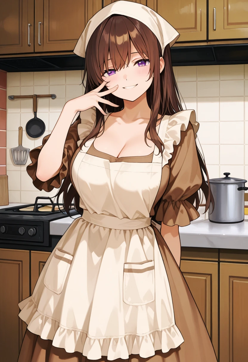 High resolution,masterpiece, Highest quality, Kuo Shenlin , heterochromia , Brown hair, (((busty))),1girl, sensual body, Her cheeks flushed , apron ,NUDE , kitchen , cooking , Made