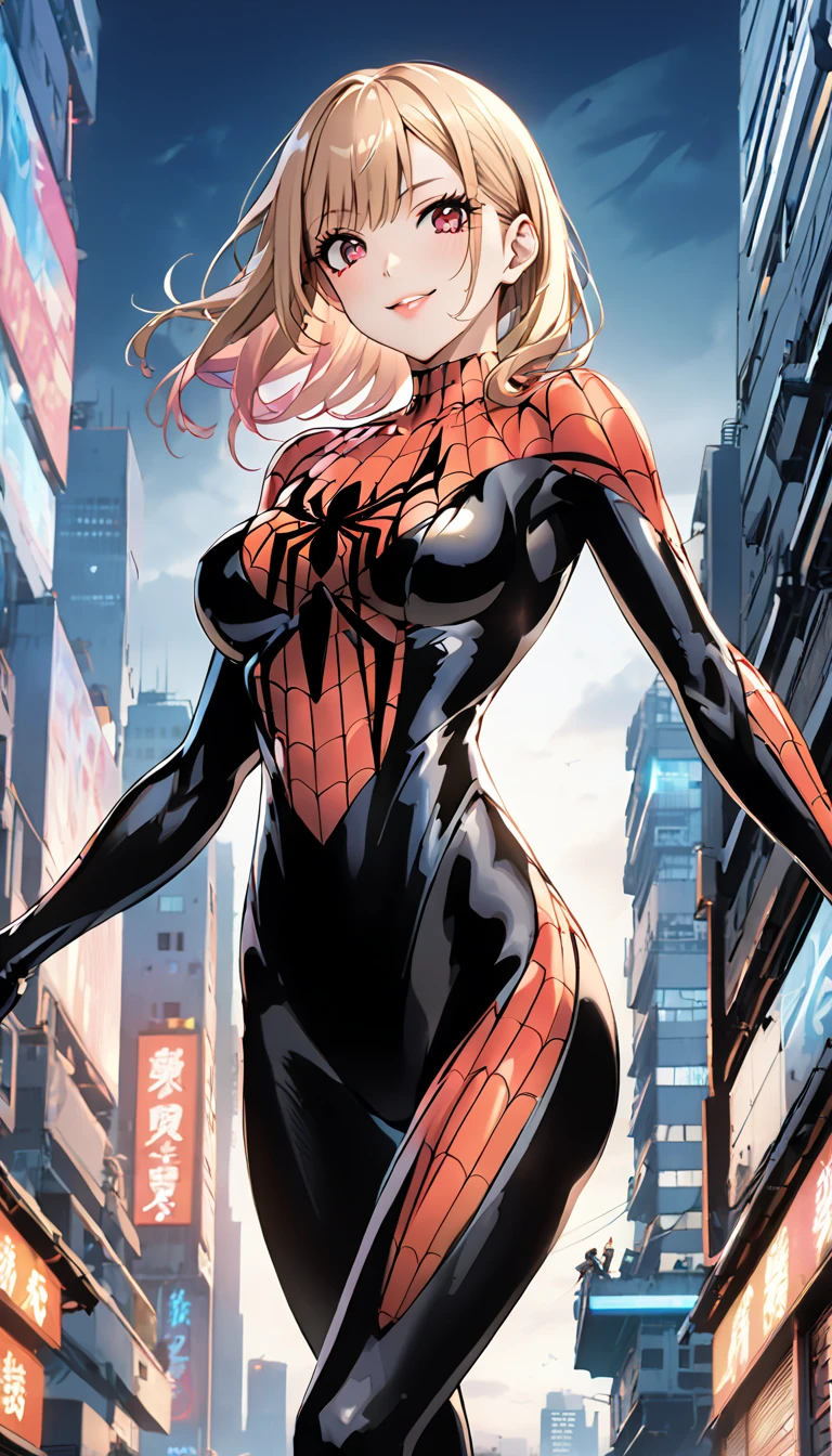 1 girl, teenage, blonde hair, short blonde hair, medium hair, blue eyes, suit, smile, city streets, sexy, masterpiece, high quality, Spiderverse style, gwen stacy,