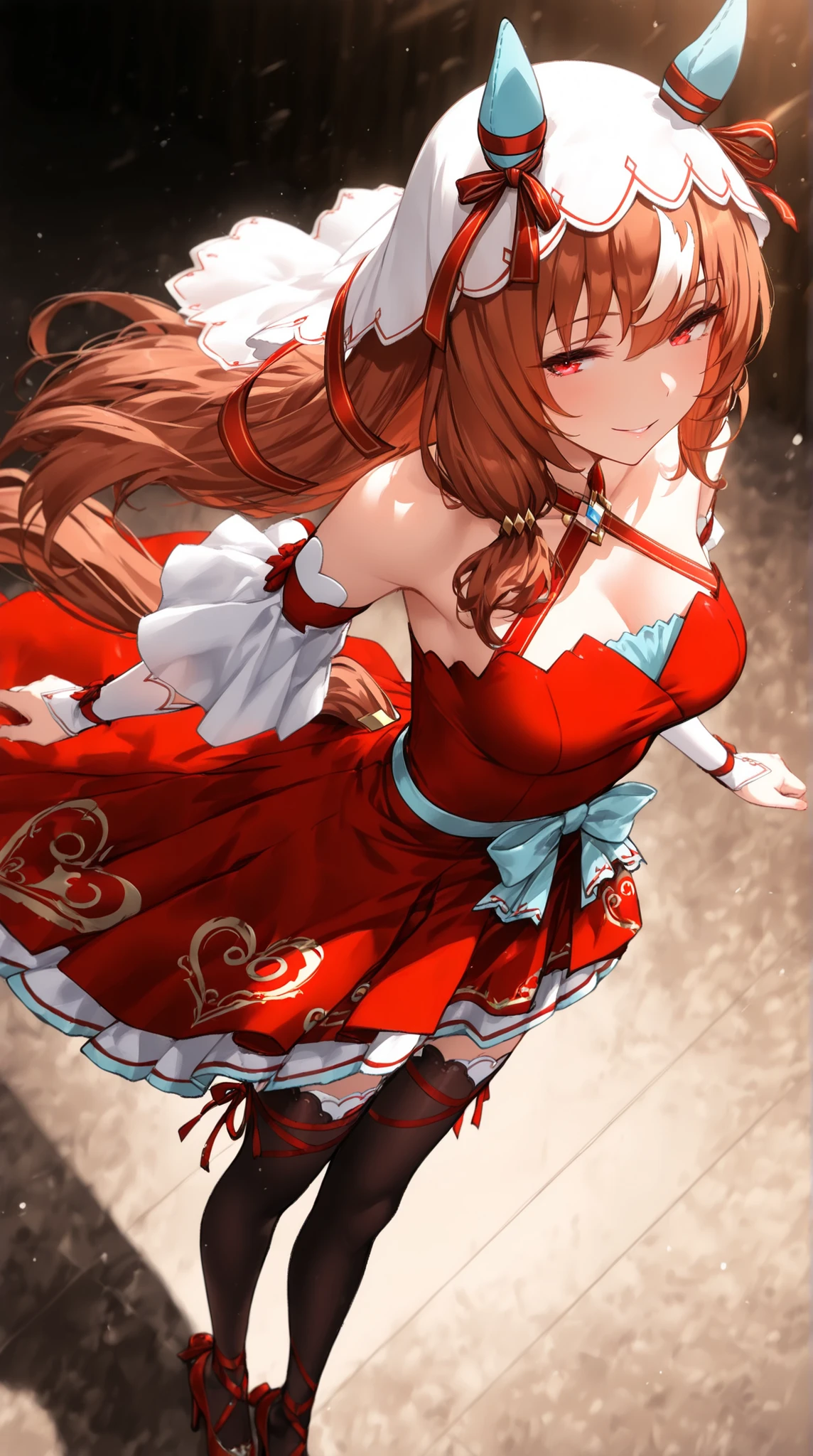 (masterpiece,best quality,,Ultra-high resolution,rich contrast,8k,Incredibly absurd,score_core_8_ up,score_7_ up),perfect face, perfect anatomy, intricate, (highly detailed),break,1girl,solo,SILove,horse girl,brown hair,red eyes,long hair,streaked hair,SILdefault,red dress,off-shoulder dress,criss-cross halter,detached sleeves,black thighhighs,red high heels,bridal gauntlets,red leg ribbon,aqua bow,white bow,heart print,veil,ear covers,red hair ribbon,
,standing,umamusume,Cowboy Shot,dynamic pose,seductive smile,slim,,,,,soft lighting,From above