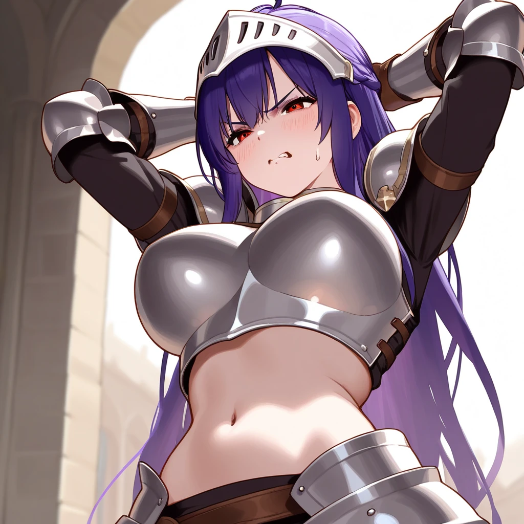 masterpiece、Highest quality、One mature woman、Raikou、A motherly smile、Big Breasts、Purple Hair、Simakos、Underboob body marking、leotard、Bracelet、Shackles、Lock、Ball and chain restraints、shield、Holding a sword、Outdoor、Colosseum、Are standing、Cowboy Shots 、