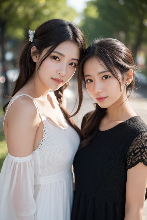 (Two Chinese stars with the style of royal sisters,duo,caressing the,Kissing), ((Best quality, 8K, Masterpiece: 1.3)), Focus: 1.2, Perfect body beauty: 1.4 , (funny expression), (Night Street: 1.3), Highly detailed face and skin texture, Fine eyes, Double eyelids, Whitens the skin, (Air bangs: 1.3), (face round: 1.5), (Thin strap top: 1.4),