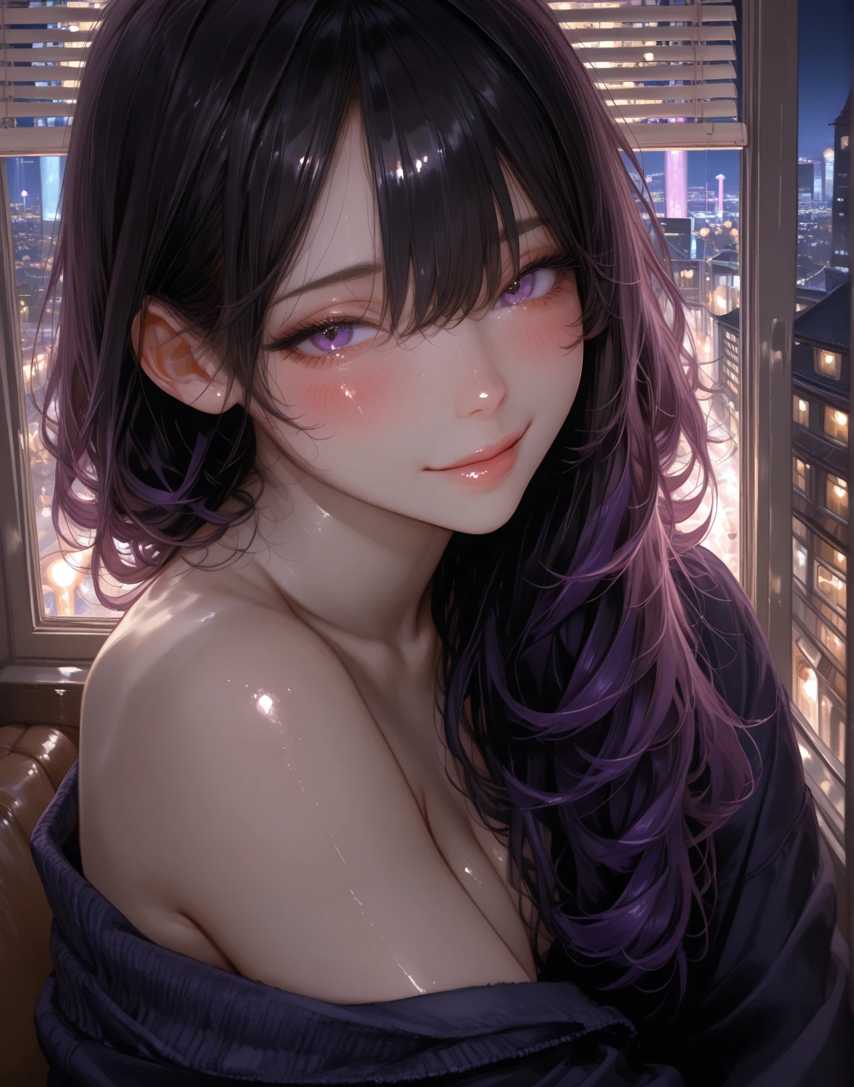 Best Quality,High resolution,8K,finelity detailed background,Masterpiece:1.2),beautiful girl,Shiny purple hair,crossed bangs,Purple Eyes,Gentle look,A refreshing look,smile,Best quality,Best Quality,Aesthetic and aesthetic:1.2,Best details((Super detailed))(High-definition CG illustrations),Upper Body,Dark grey underwear, (gray,intricate lace),Slender body,night,moon,Bedroom,On the bed,smile,blush,cute,Scrounge,Looking up,Being spoiled,super model,wariza,shoot from,below