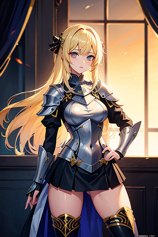 Girl, long blonde hair, brown eyes, smiling, black diadem , Black metallic armor(golden details), heavy armor, big breast, cleavage, skirt, wide hips, large thighs, anime style, masterpiece, chocker, metallic breastplate,athletic body, holding swords,