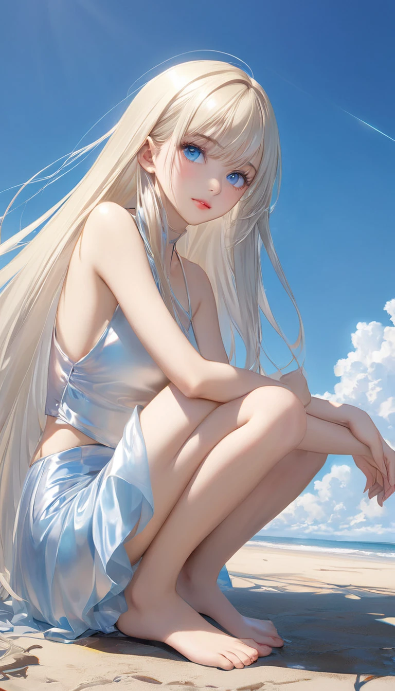 4k, portlate、Alice in Wonderland、Blue sky、Bright and very beautiful face、Young shiny shiny white shiny skin、Best Looks、Platinum blonde hair with dazzling highlights、Super long silky straight hair、Beautiful bangs that shine、Glowing crystal clear big blue eyes、Very beautiful lovely 14 year old beautiful girl、White Apron、Blue Dress, revealing dress, sweet smile, sweet revealing sundress