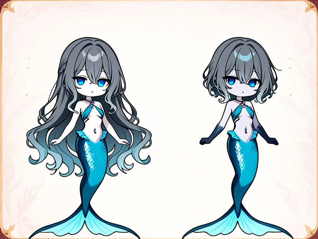 1girl, reference sheet, (mermaid character design, front, back, side) feminine. dark brown hair, blue eyes. mage outfit, ancient runes on clothing. lean athletic build. neatly kept, long hair. half fish. beautiful, shimmering silver tail, covered in scales. Large chest, endowed breasts.