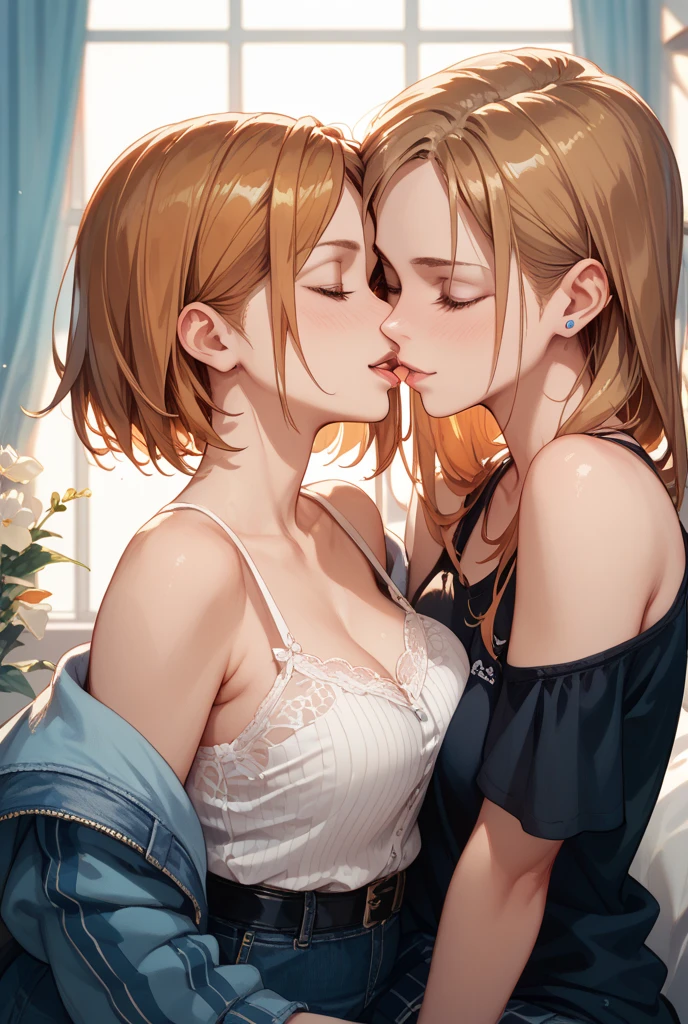 masterpiece, best quality, highres, (2girls), (multiple girls), detailed face, blush, anime CG style, (medium breasts), (18 year old girl:1.3), (aged up), good lighting, perfect body, sakura kinomoto, glossy lips, city street, facing each othef, ((kissing)), cleavage, bare legs, eyes closed