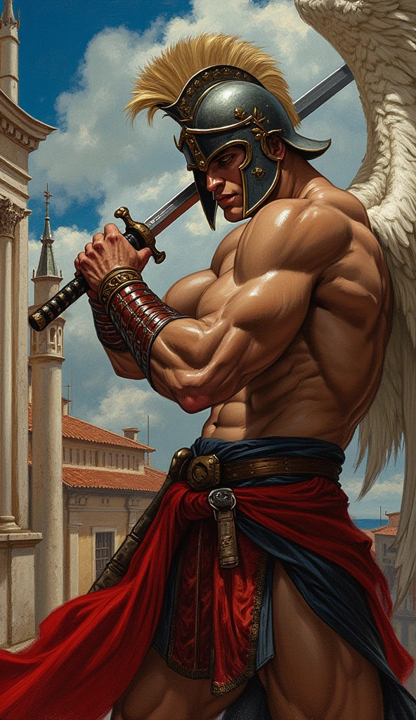 A short-haired, muscular man wearing leather armor with a full frontal view、Gray Hair、Blue Eyes、Highest quality、With arms outstretched on the battlefield、It has large white wings、Pectoralis major、Abdominal muscles、Big macho man、Heavy sweating、Your body is wet