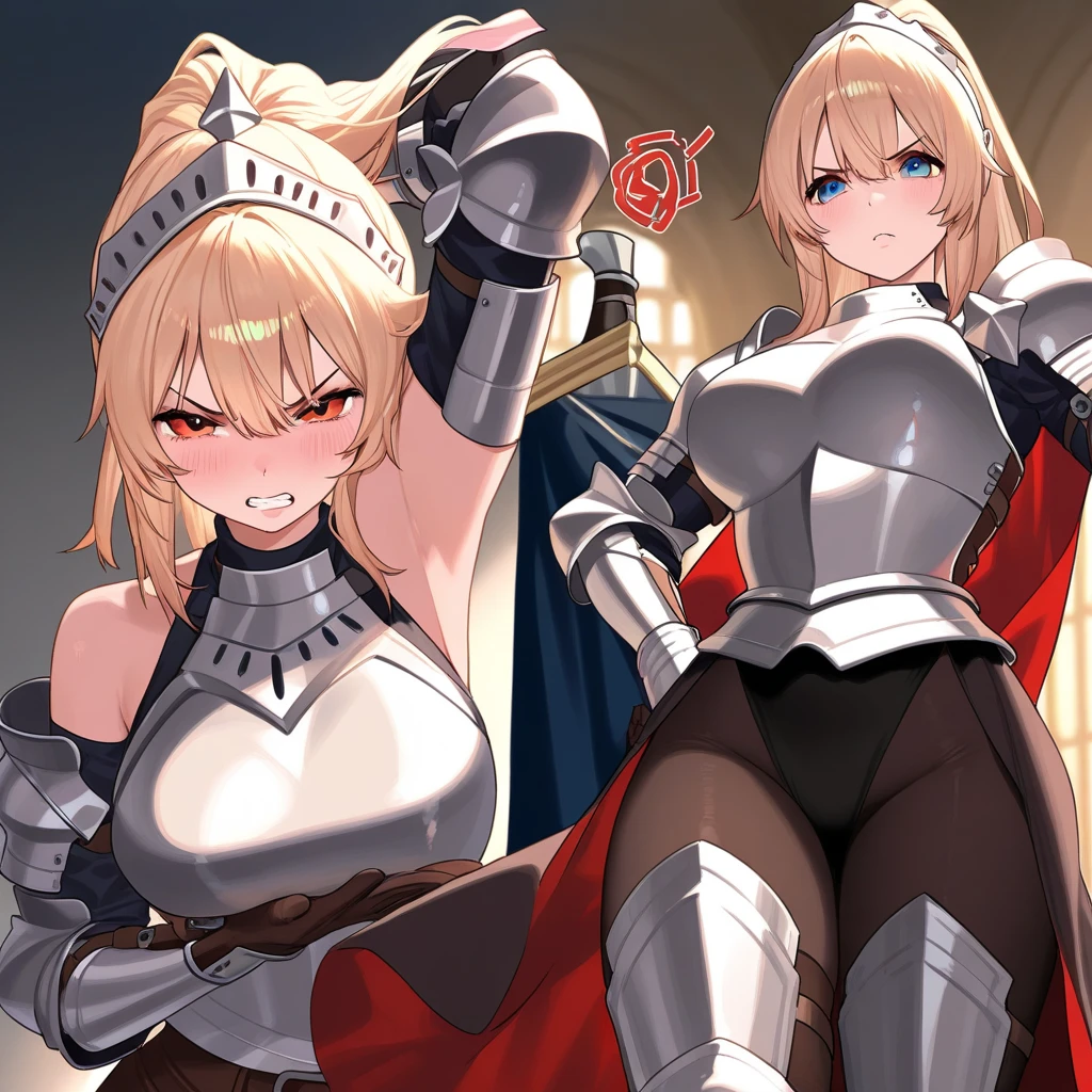 Masterpiece, best quality, White headphone, blonde, Korean woman, tall, slender, Female Knight, red gauntlet, red boots, Sword, beautiful face, beautiful hand, anime pastel, cleavage, Castle