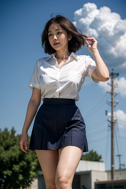 18Year old girl、A uniform skirt fluttering in the wind、Beautiful feet、cloud、((Thighs, thighs, thighs))、Big ample breasts、smile、White shirt、Wide open chest、(Butt)、short hair、 information