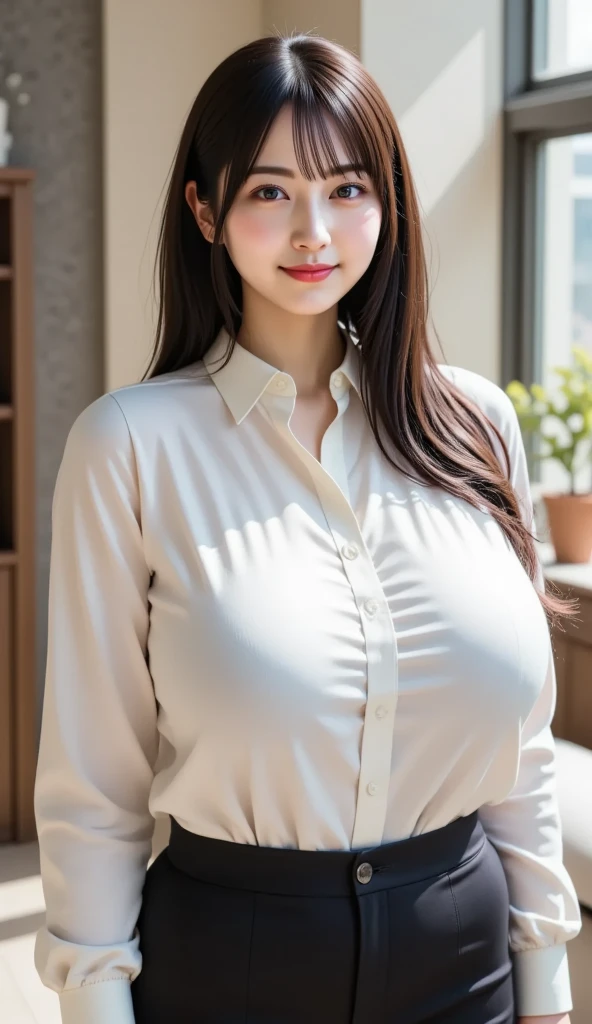 Beautiful, daughter-in-law, japanese, voluptuous, tight shirt, high waist pleated plaid skirt, in the living room, seductive expression