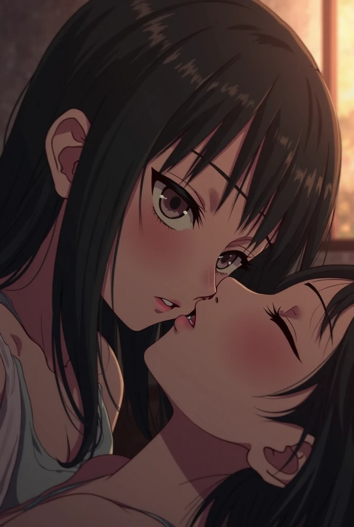 anime screencap, (yuri:2.0), close-up, long hair, black hair, blue eyes, (pussy juice:1.5), (pussy juice in mouth:1.5,) (pussy juice on face:1.5), (black lipstick:1.5), smile, heart-shaped pupils, (pussy juice in nose:1.5)