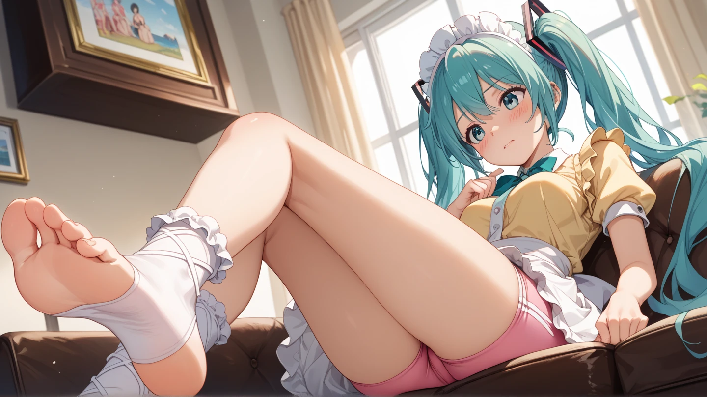 Idol Costumes、Frills、puffy short sleeves、Young Hatsune Miku,Huge breasts,Young girl,small 、Sit with your legs apart、Striped panties、Striped underwear,When she opens her thighs, a lot of white love juice drips out.、blush、Embarrassed expression、colorful