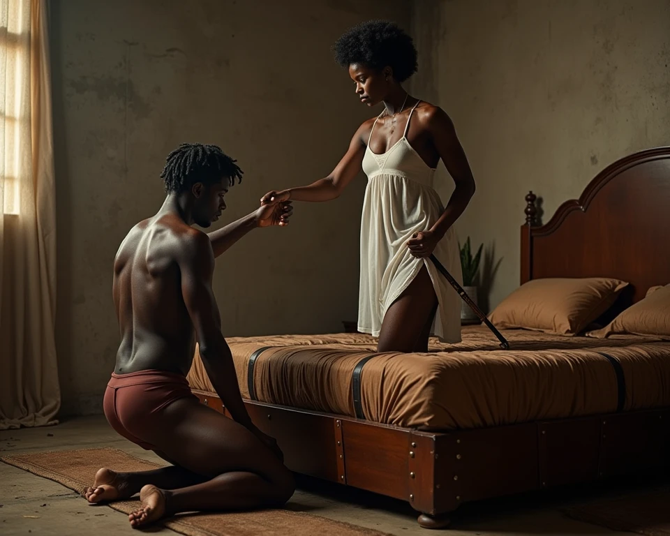195 cm tall, 28-year-old man, medium length curly side parted hair, no facial hair, black skin, French-Nubian features, shirtless, cream pants, gentle closed mouth smile looking down, holding dagger to the shoulder of a 24-year-old far shorter woman with hesitant expression looking at ceiling while laying on bed with vibrant maroon side parted wavy hair and light skin wearing black and blue matching bra and hipsters on an ivory plush bed in a French classical bedroom, dark lighting, photorealistic, cinematic