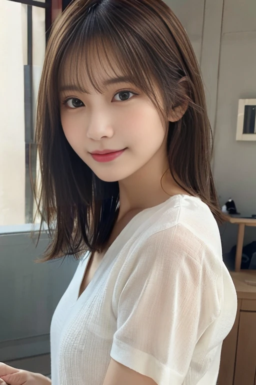 One person、12 years old、Full body photo、slender、woman、White drool coming out of the mouth、smile、Very short hairstyle、 Fair skin, messy hair, super cute、Soft and Face、8K resolution、Surreal、Ultra high definition、 A-cup small breasts（（Highest resolution、8K、masterpiece：1.3））、Ultra-fine face、Ultra Fine Lips、Beautiful Eyes、double eyelid,Sleeveless orange button-down shirt dress、Thighs、thin,Thighsが見える、Shapely small breasts、