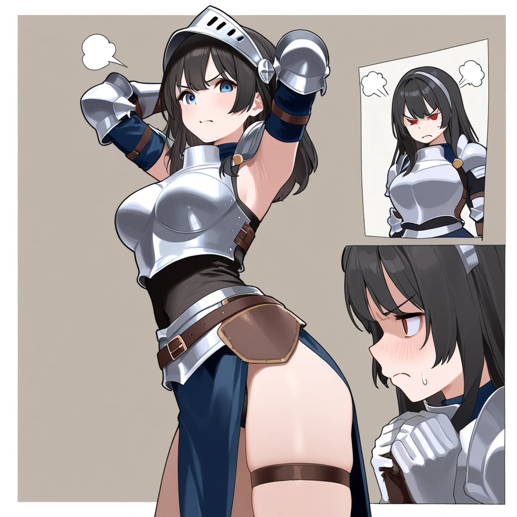 1 mature female,17 age,((Broken Paladin Armor)),((all-fours)),Dynamic Pose,Dynamic Angle,((1 boy:Grabbing a woman's waist)),(SEX),(doggy style),((Doggy sex)),A detailed face,Beautiful expression,beautidful eyes,is crying,motion blur,black  hair, shorth hair), (short-cut, straight hair, hair over one eye, (), pink  eyes