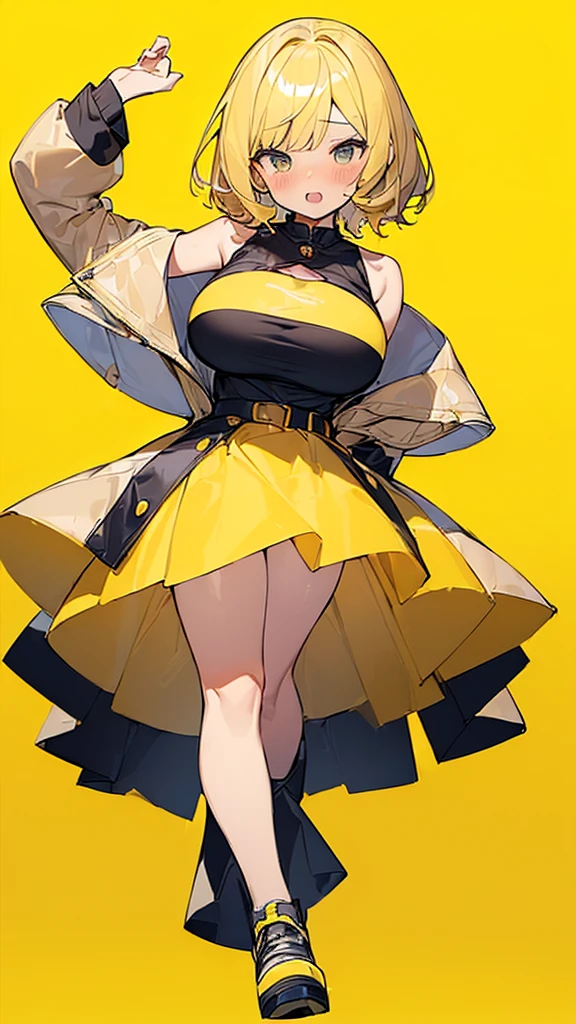 Best quality, 12K, uzumaki_himawari, short black hair, blunt bang, blue eyes, lines on face, yellow hoodie, pink pleated skirt, black thigh highs, red boots, massive breasts, wide hips, thick thighs.