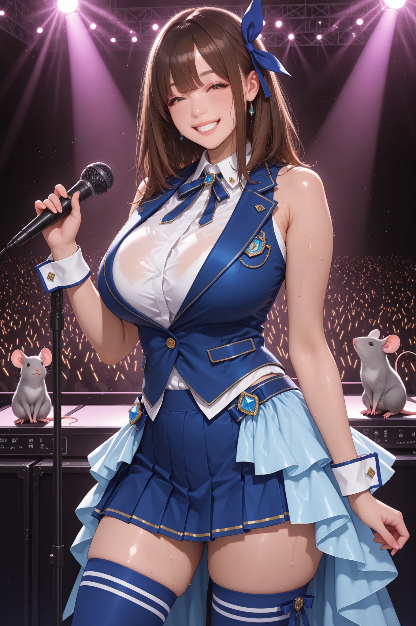 1 girl, idol costume, female idol group, uniform, pretty girl, beautiful legs, breasts, multiple girls, brown hair, 2 girls, cleavage, big breasts, teeth, photo (medium), red lips, stage, concert, idol smile, skirt, necktie scarf, blouse, necklace, ribbon, live venue, Japanese, short hair, concert, smiling face, yellow costume, winking