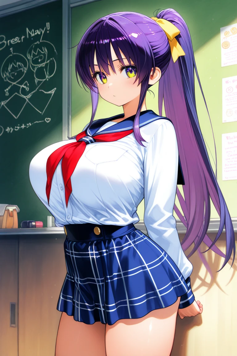 masterpiece、8K、beautiful girl,evening classroom、sailor suit、Clearly depict the contours of the face,Clearly delineate the outline of the eyes,Describe the whole body,beautiful posture,purple hair、Sweat、oily skin、twin tails、fine skin、sneakers、plump breasts、lick your fingers、upward glance、blush、skirt、stick out tongue、sit on a chair、real high school girl、Sex、open your mouth、sexy、a lot of drool、smile