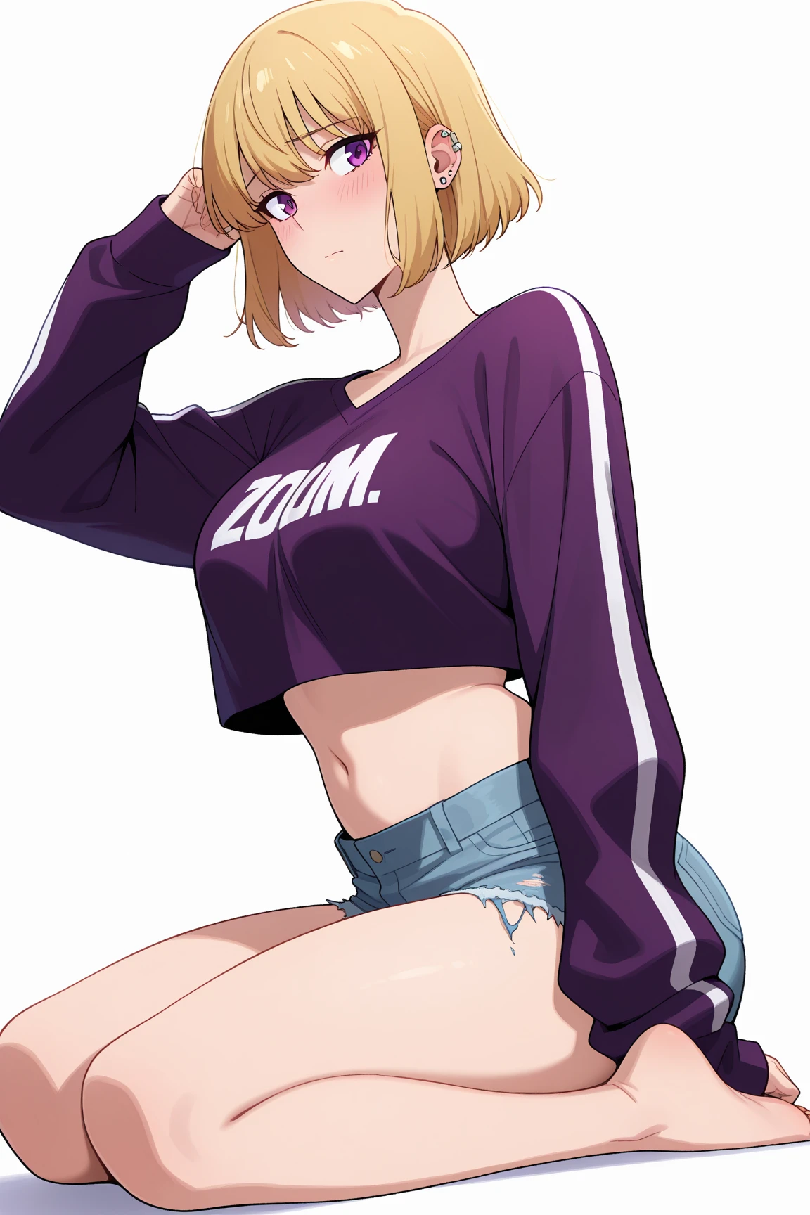 masterpiece,(best quality),(1girl) ,solo, Android 18 from Dragon Ball,(high contrast:1.2),(high saturation:1.2), ((hands on the pocket)),collarbone, cleavage, ((black one-shoulder crop camisole)), off-shoulders track jacket, cropped jacket, midriff-baring, navel, ((white baggy pants)),looking at viewer,((white and light purple theme:1.3)),((white and light purple background:1.5)), small breasts, short blonde hair, blue eyes, (wearing glasses),((walking:1.3)),full body, black footwear,((the light blue water on sky and white cloud and day)),((from above:1.2)),earrings on earlobes, slender feminine figure, narrow waistline, skinny body,
(magazine:1.3), (cover-style:1.3), fashionable, woman, vibrant, outfit, posing, front, colorful, dynamic, background, elements, confident, expression, holding, statement, accessory, majestic, coiled, around, touch, scene, text, cover, bold, attention-grabbing, title, stylish, font, catchy, headline, larger, striking, modern, trendy, focus, fashion,