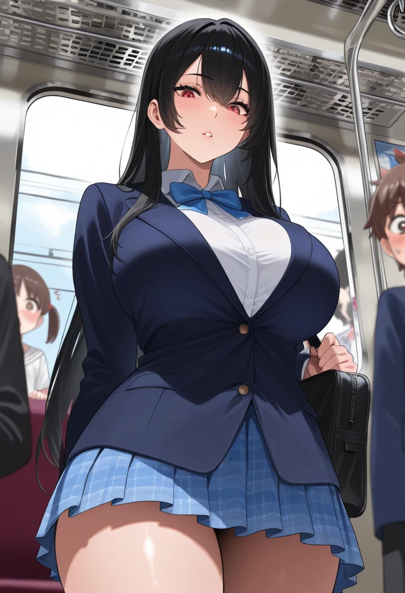 realistic anime art style,(tareme),(curvy body),black unkempt hair,bow tie,dress shirt,(navy pleated skirt),(plaid skirt),unpretentious adult woman standing in crowded train station,sweaty,nipple-through,(anguish and blushed)