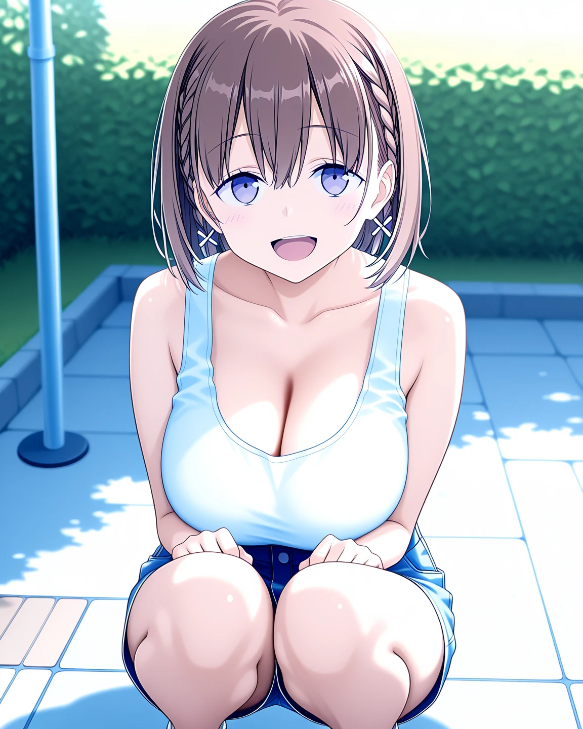 ASATOKASUGA, BROWN HAIR, HAIR BETWEEN EYES, SIDELOCKS, BRAID, SHORT HAIR, BLUE EYES,, nsfw, nude, naked, 1girl, large breasts, nipple. empty eyes, crying 、whole body, amusement park、