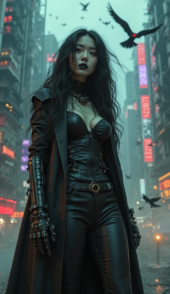 a dark vampire girl with pale skin, pointed fangs, disturbing smile, piercing gaze, dark makeup, black hair, cyberpunk outfit, glowing neon lights, dystopian city background, cinematic lighting, dramatic colors, high contrast, photorealistic, masterpiece, 8k, hyper-detailed