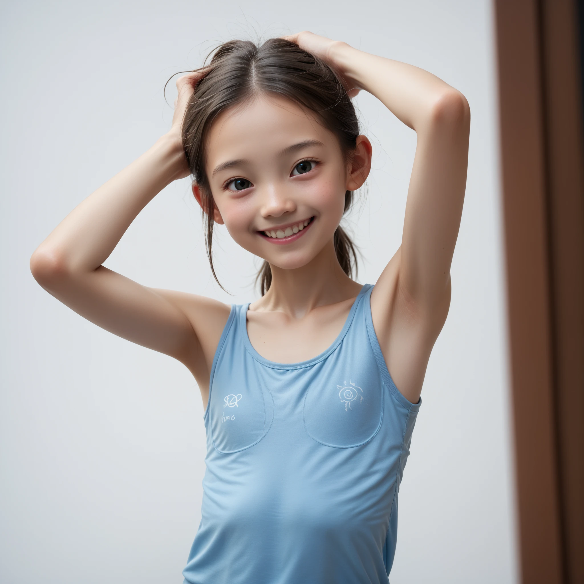 (best quality:1.2), masterpiece, (12-year-old, ultra cute kawaii:1.3), solo, smile, standing, looking at viewer, cowboy shot, (nup, cheerleader:1.2), ((focus on her armpits)), (((Sweaty armpits))), Armpit depression, ((((Dimpled Armpits)))), ((((Deeply wrinkled armpits))))
