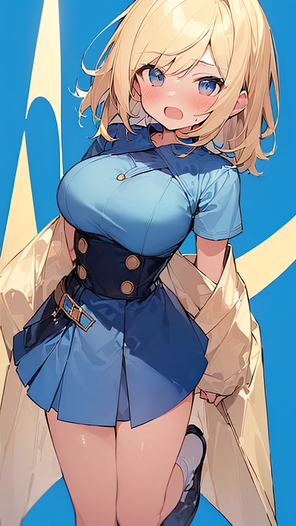 Cute girl, short blonde hair, pigtails, blue eyes, blue dress, wide black belt, short blue skirt, big breasts