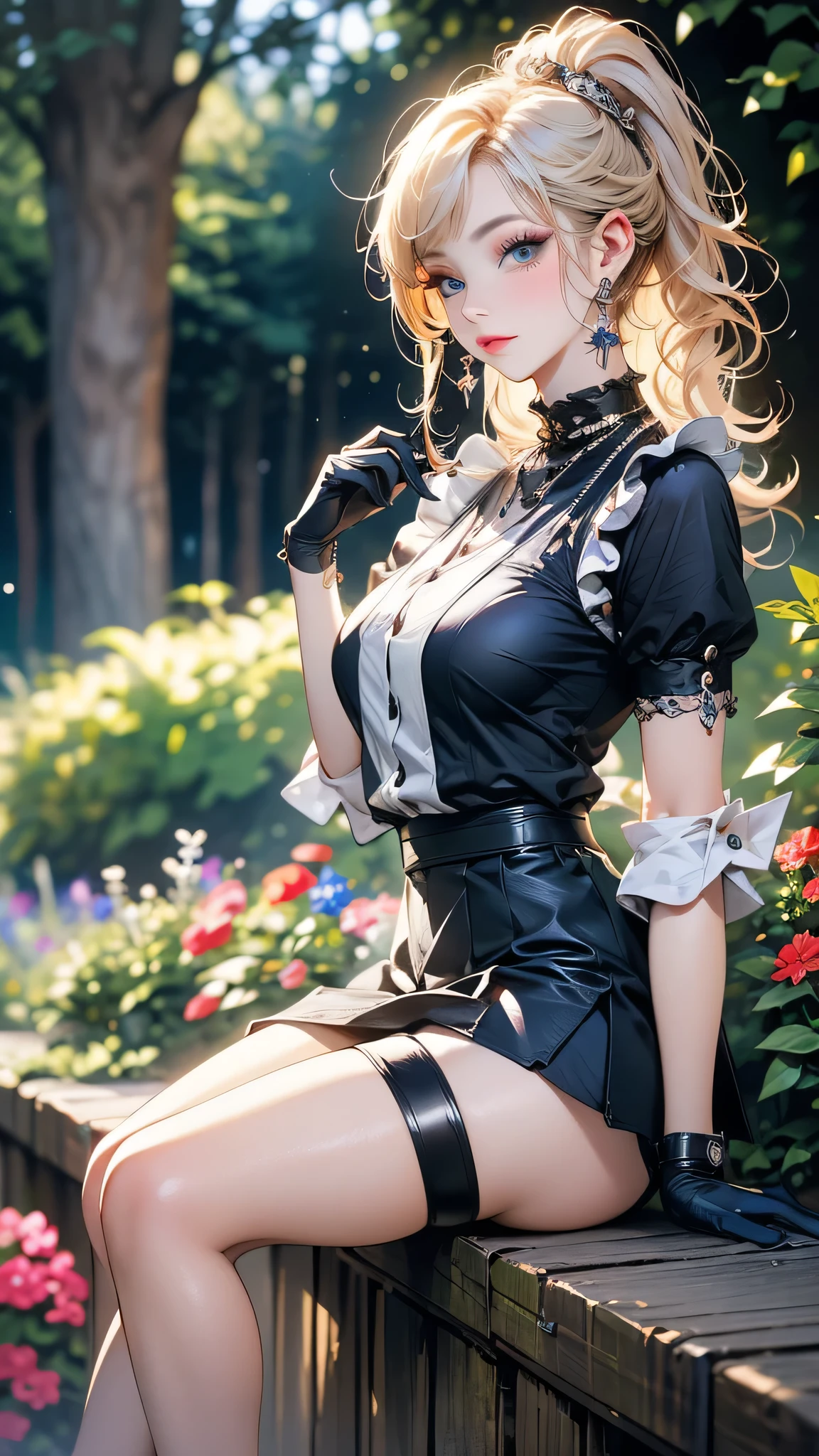 Highest Quality, masterpiece, beautifully detailed eyes,, short Blonde Hair, Gradient Hair, pink highlights in hair, medium breasts, standing, makeup, glossy lips, full lips, (natural lighting), grass, corset, thong straps, light smile, midriff, collarbone, thigh highs, miniskirt, cleavage
sultry look, seductive