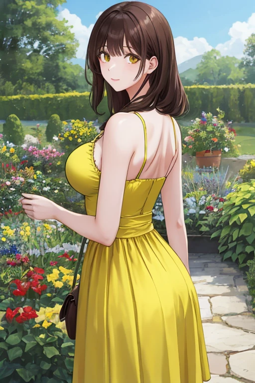 a woman in a black and green dress, purple hair, orange eyes, in a garden, smiling