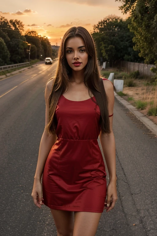 Give me a light brunette woman. She has long, straight hair. Her mouth is small. She is super pretty. She wears red lipstick. She wears a red dress. She has an average body. The place where she is is on a road with a sunset sun in the background. Try to make it as realistic as possible. possible image 8k full hd realistic max