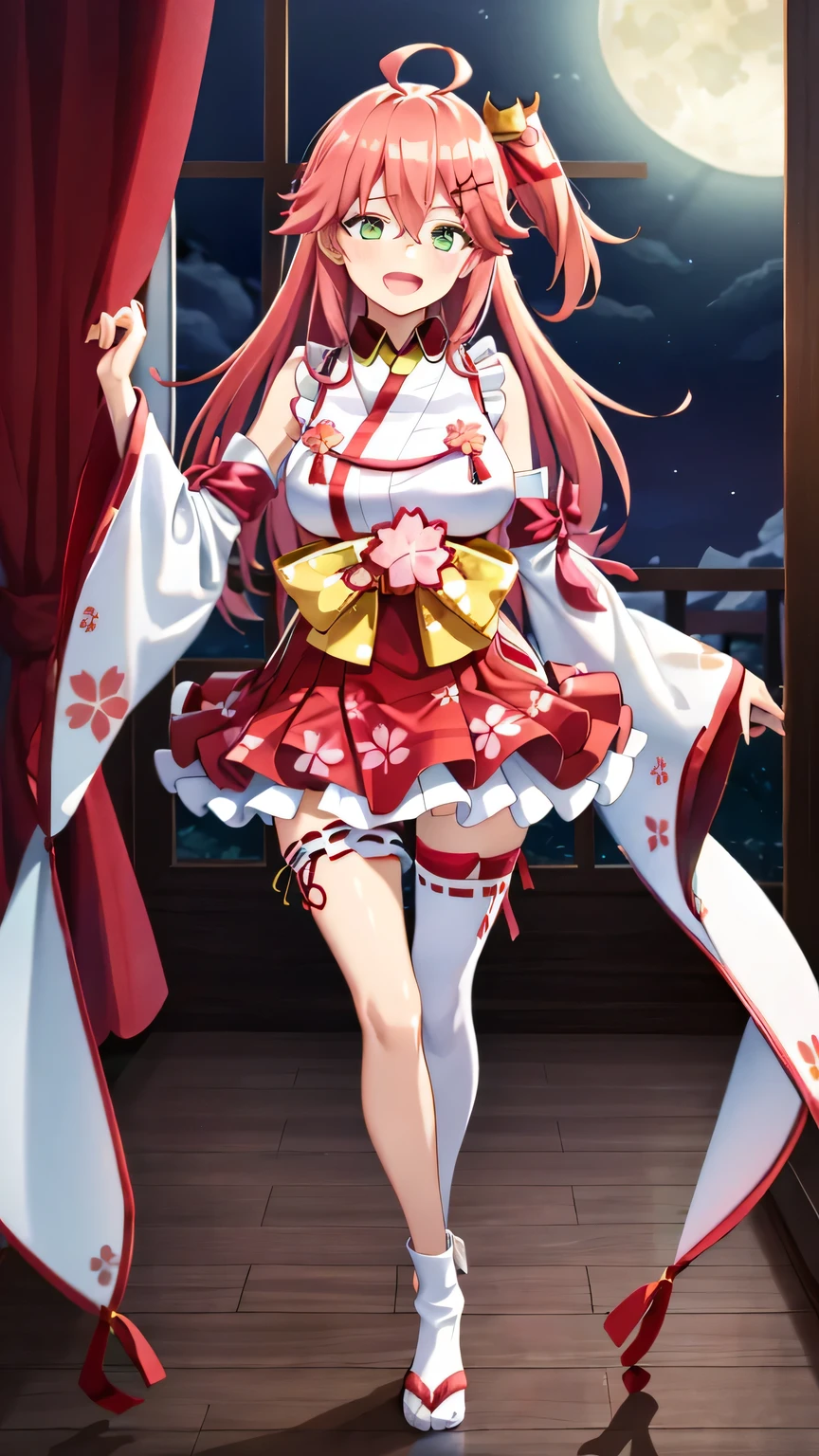 masterpiece, best quality, highres, miko1, sakura miko, 1girl, green eyes, solo, ahoge, x hair ornament, pink hair, single thighhigh, floral print, hairclip, sideboob, hair bell, floral print, long hair, hair between eyes, one side up, white thighhighs, asymmetrical legwear, wide sleeves, smile, blush, hands behind, lying, lying on bed, bedroom,