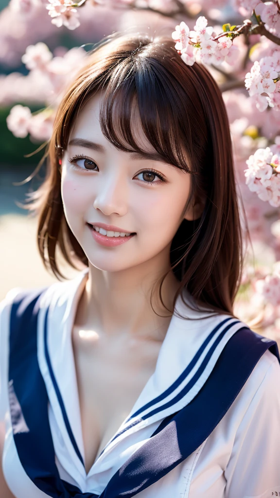 One girl, (Highly detailed eyes, Highly detailed face), Looking for a Smile, (Sailor suit), chest, panties, (Highest quality:1.4), RAW Photos, (Ultra-realistic), (Photorealistic:1.4), Professional photography, Cinematic Light, Cherry tree, spring, Clear sky, Depth of written boundary,