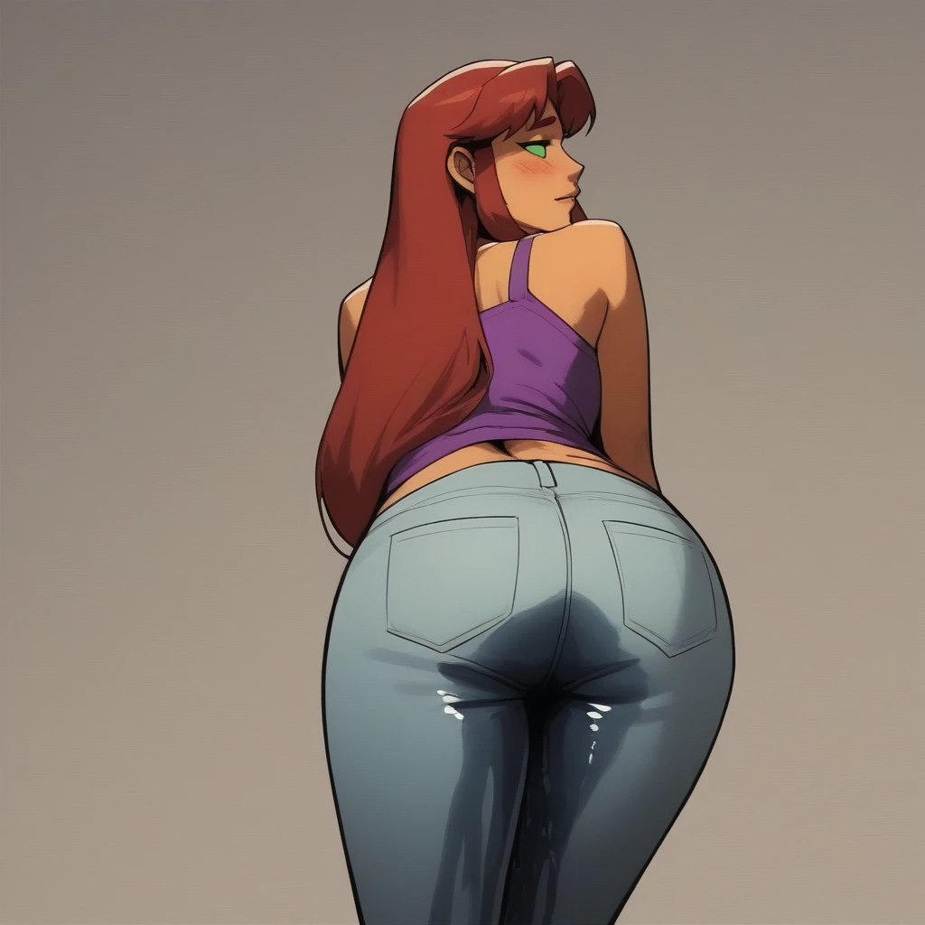 Mary Jane Watson, black t-shirt, big butt, sweaty, grabbing butt, jeans halfway on
